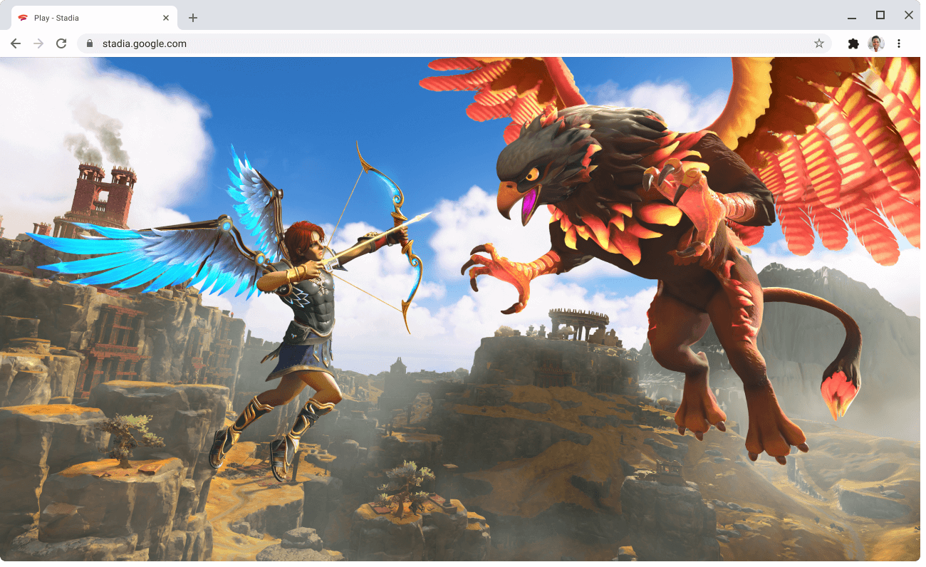 Devam eden bir oyunun yer aldığı stadia.google.com web sayfası gösteriliyor.