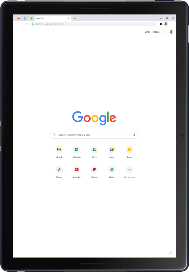 Dikey moddaki Pixel Slate tablette Google ana sayfası gösteriliyor.