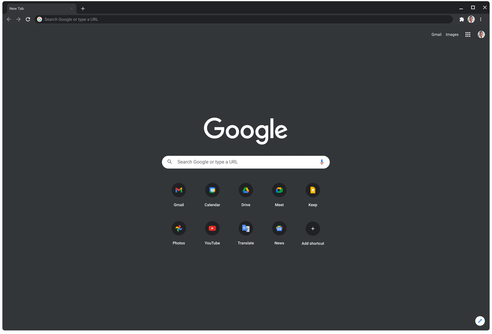 Koyu moddaki Chrome tarayıcı penceresinde, Google.com gösteriliyor.