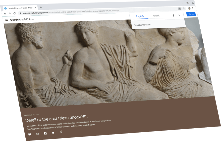 Metni İngilizceye çeviren Google Çeviri iletişim kutusu bulunan Google Arts and Culture sayfası gösteriliyor.