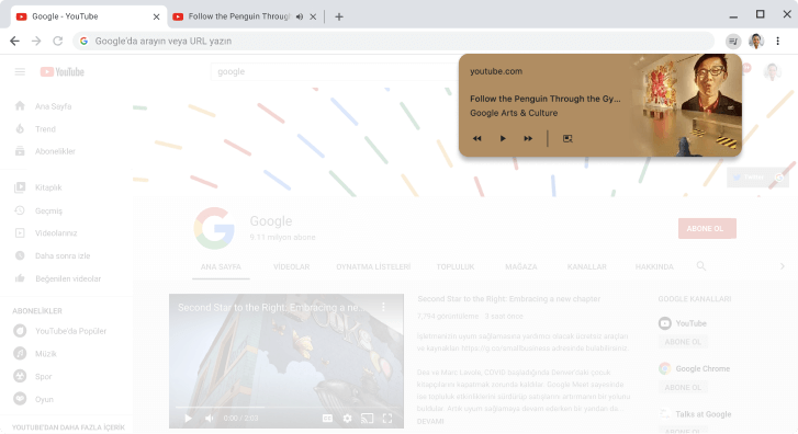 Chrome tarayıcı penceresinde, medya denetimleri iletişim kutusu gösteriliyor.