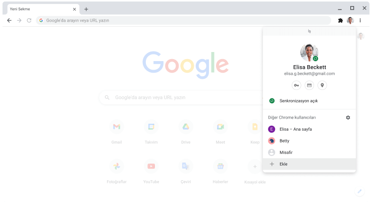 Chrome tarayıcıda profil değiştirici iletişim kutusu gösteriliyor.