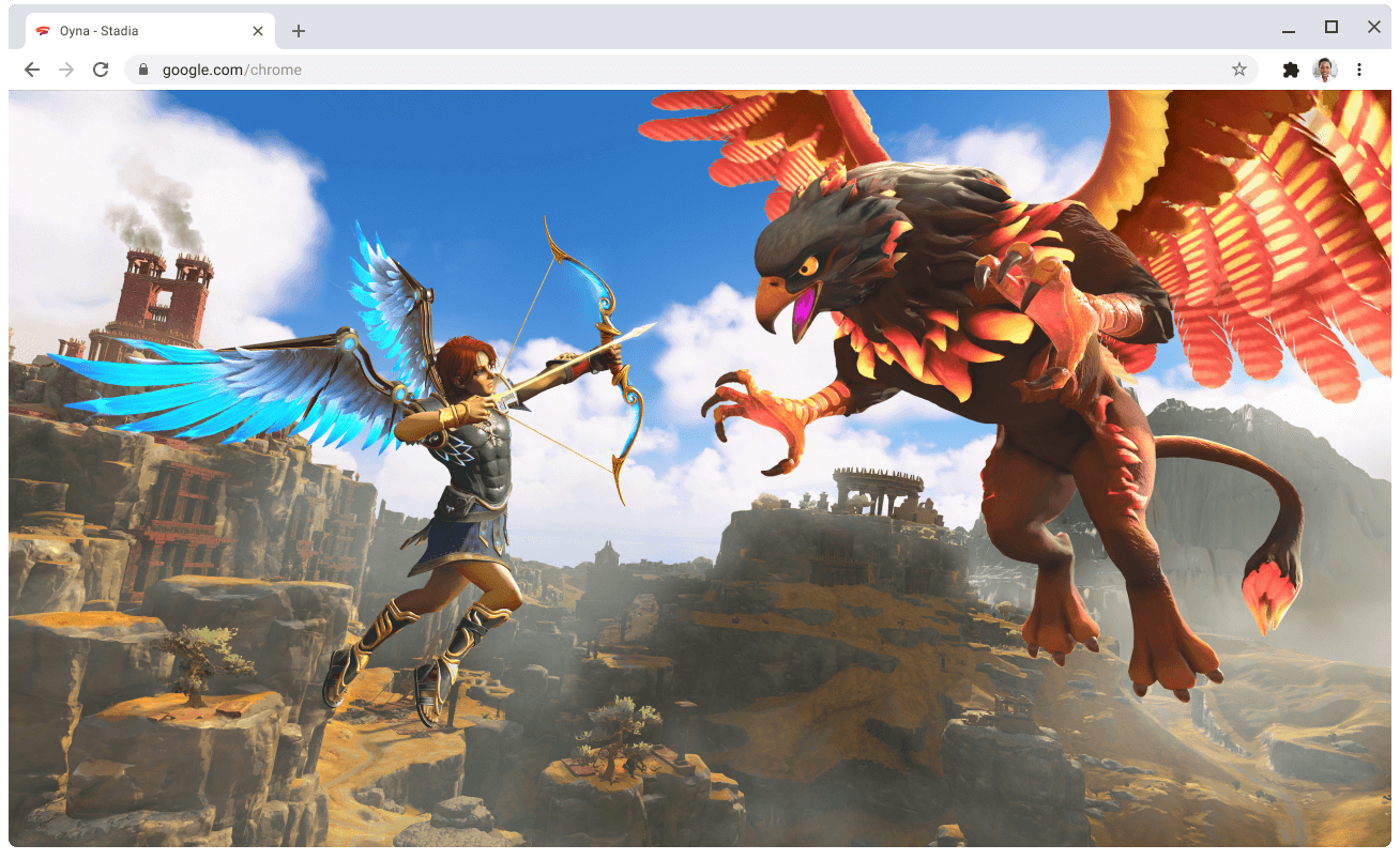 Devam eden bir oyunun yer aldığı stadia.google.com web sayfası gösteriliyor.