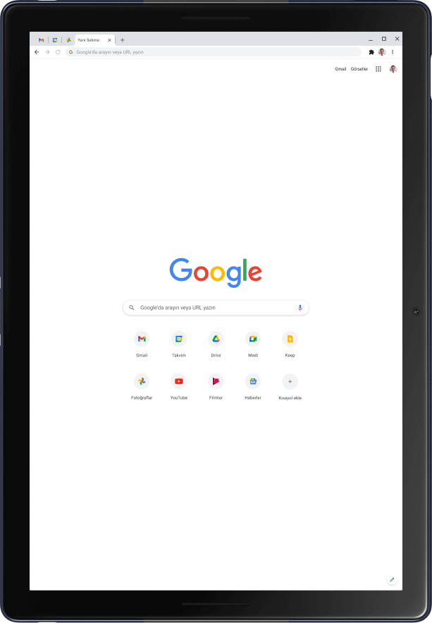 Dikey moddaki Pixel Slate tablette Google ana sayfası gösteriliyor.
