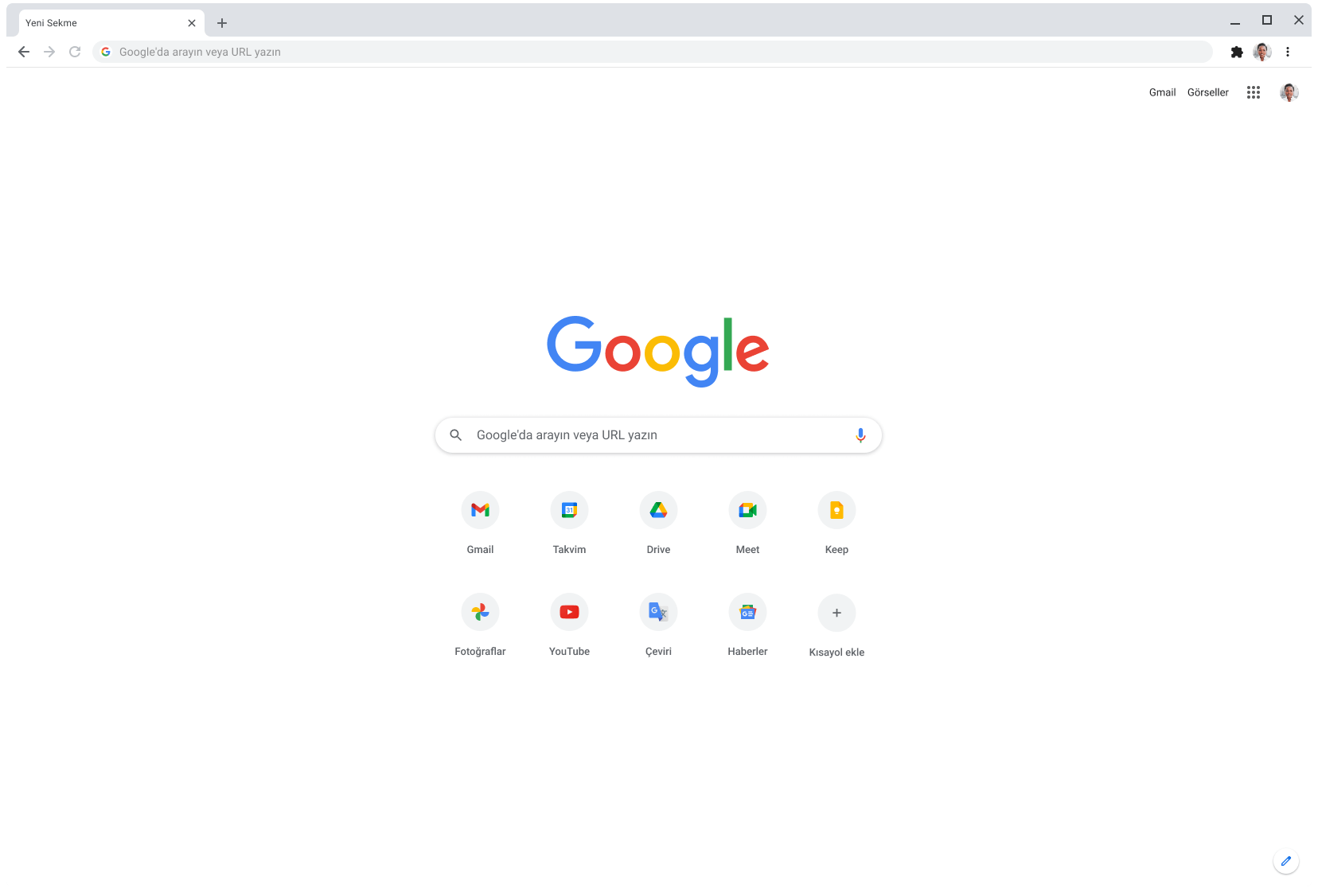 Chrome tarayıcı penceresinde Google.com gösteriliyor.