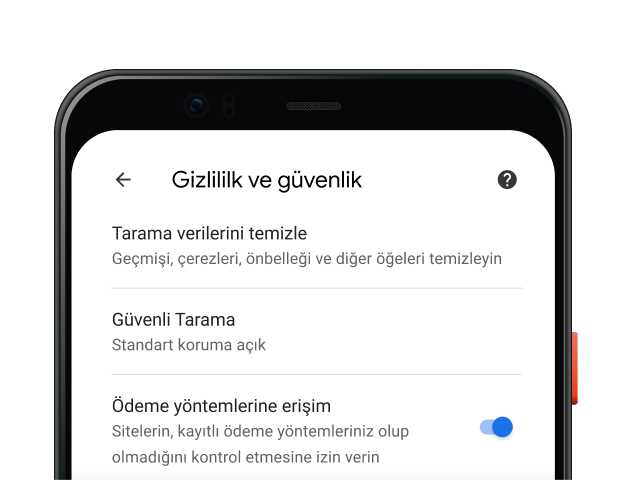 Mobil cihazda Chrome tarayıcı Gizlilik ve Güvenlik ayarları sayfası.