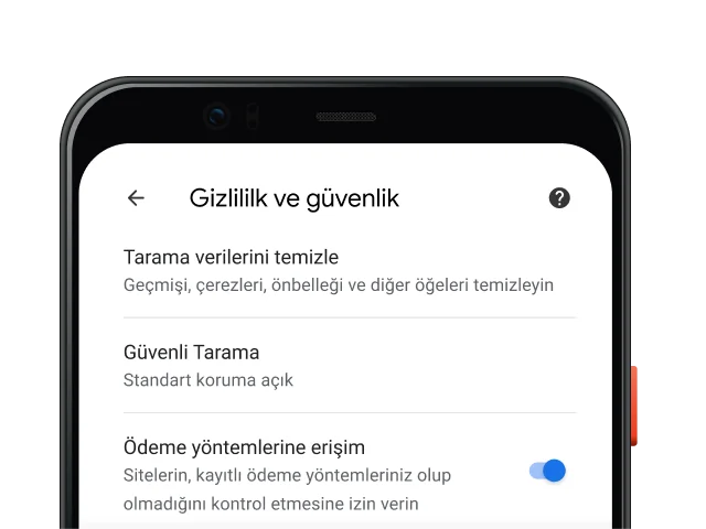 Mobil cihazda Chrome tarayıcı Gizlilik ve Güvenlik ayarları sayfası.