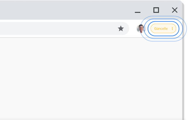 Chrome tarayıcı penceresinde Güncelleme isteminin vurgulandığı sağ üst köşe.