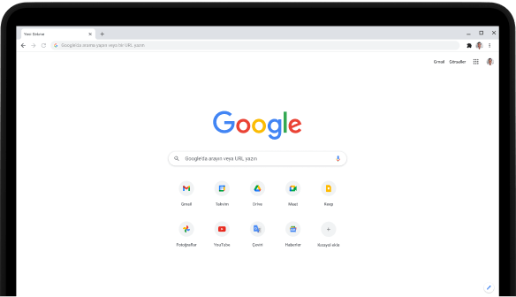 Pixelbook Go dizüstü bilgisayar ekranının sol üst köşesinde Google.com arama çubuğu ve favori uygulamalar gösteriliyor.