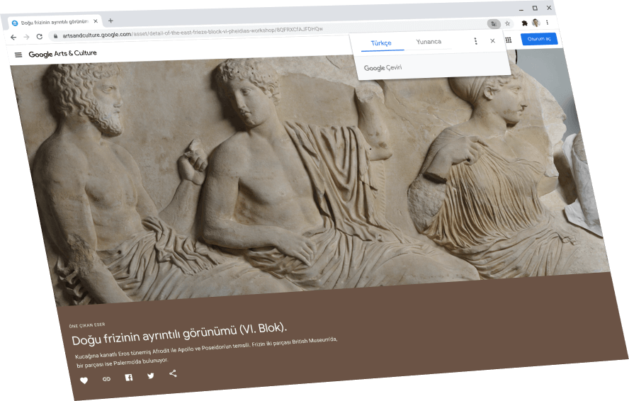 Metni İngilizceye çeviren Google Çeviri iletişim kutusu bulunan Google Arts and Culture sayfası gösteriliyor.
