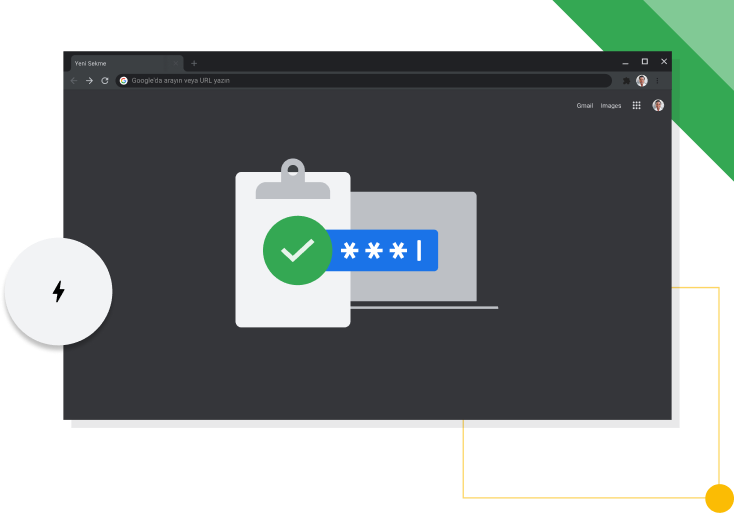 Koyu moddaki Chrome tarayıcı penceresinde, Google üretkenlik simgesi gösteriliyor.