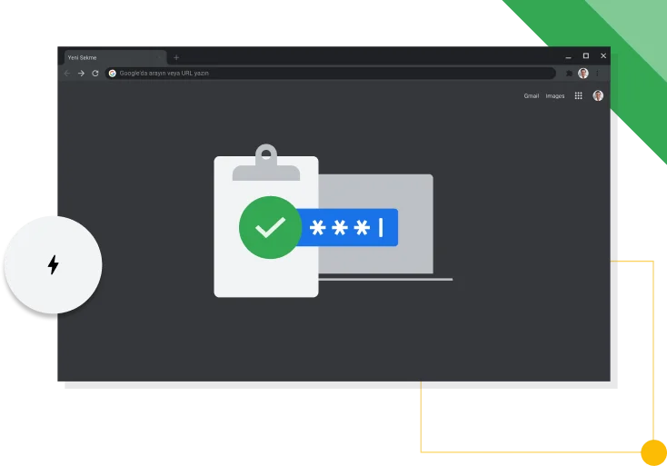 Koyu moddaki Chrome tarayıcı penceresinde, Google üretkenlik simgesi gösteriliyor.