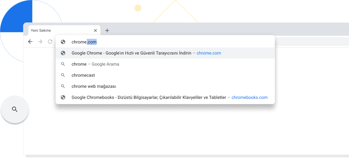 Chrome tarayıcı penceresindeki adres çubuğuna chrome.com adresi girilmiş yeni sekmenin yakınlaştırılmış görünümü.