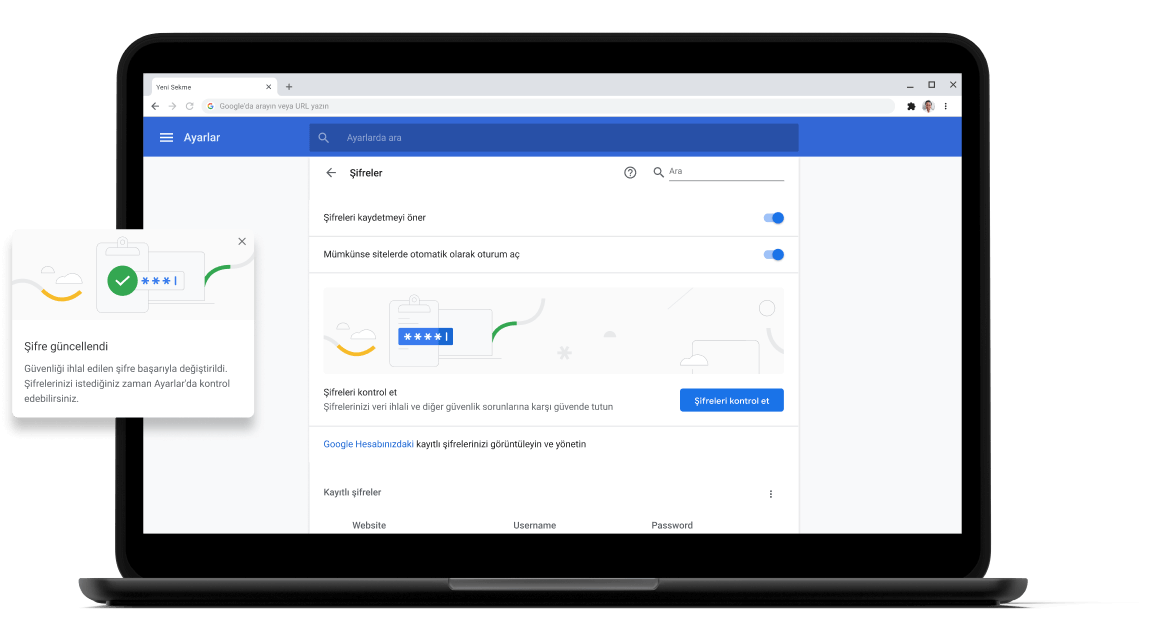 Şifre kontrolü Pixelbook Go laptop with screen displaying Chrome password check with a passsword update dialog box.