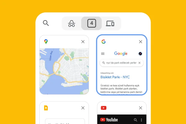 Mobil tarayıcı, aralarında Google Haritalar ve NYC park bilgileri sekmelerinin de bulunduğu sekmeleri masaüstü tarayıcıdan yüklüyor.