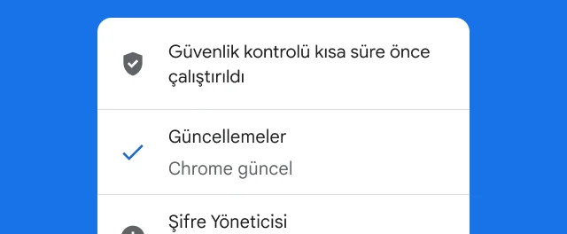 Chrome'un güvenlik kontrolünün tamamlandığını ve tarayıcının güncel olduğunu belirten bir uyarı gösteriliyor.