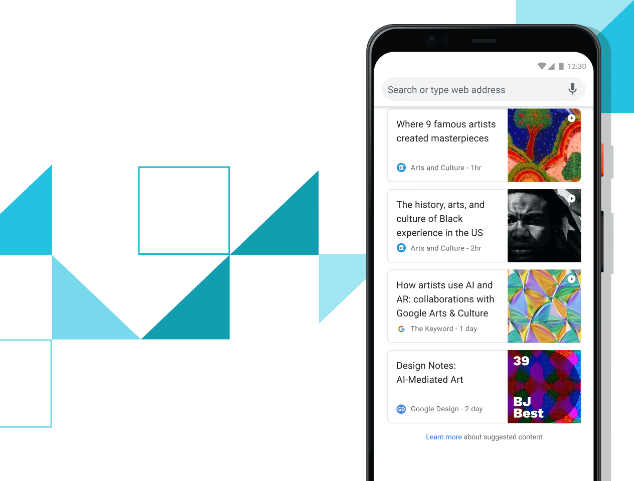Sizin için seçilmiş makaleler Pixel 4 XL telefon ekranında seçilmiş makale bağlantıları gösteriliyor.