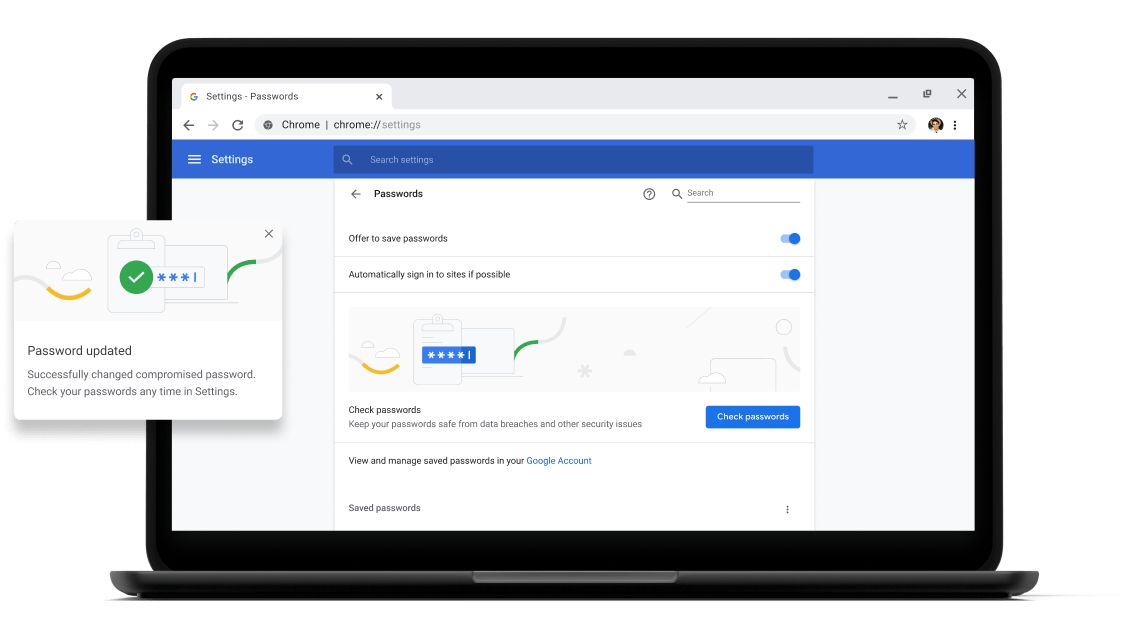 Şifre kontrolü Pixelbook Go laptop with screen displaying Chrome password check with a passsword update dialog box.