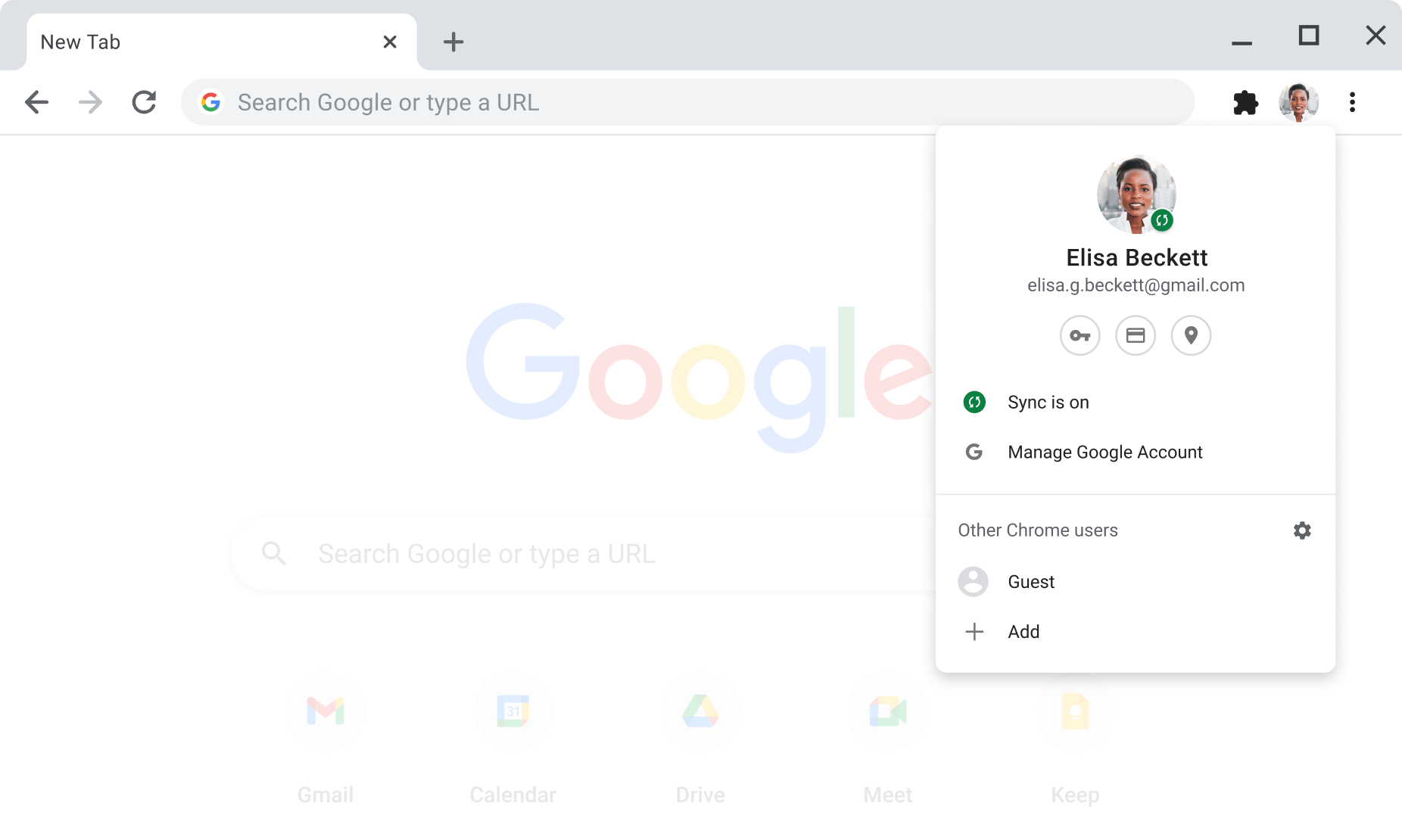 Chrome tarayıcı penceresinde, senkronizasyonun etkinleştirildiği Google Hesabı için hesap ve senkronizasyon ayarları gösteriliyor.